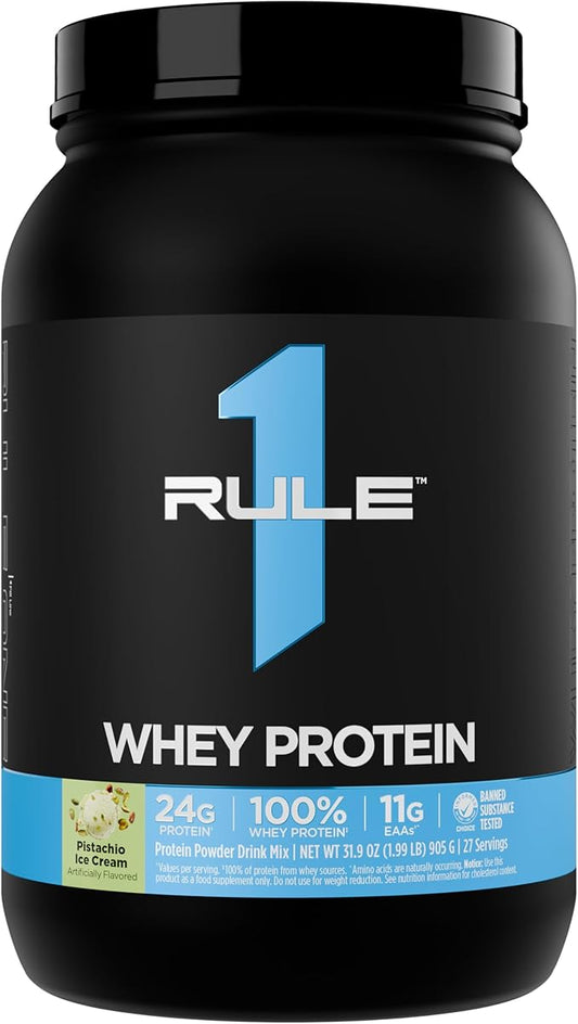 Rule 1 Whey Protein – 24g Fast-Acting Protein from All-Whey Sources with Naturally Occurring EAAs & BCAAs for Workout Recovery or Anytime Use (2 Pounds*, Pistachio Ice Cream)