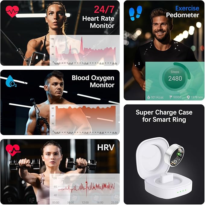 Health Tracker Ring, Smart Health Ring for Women Men with Heart Rate, Blood Oxygen, Sleep Monitor, Steps,Calories, No Subscription Fee, IP68 Waterproof Smart Ring for iPhone & Android (Silver, 9#)