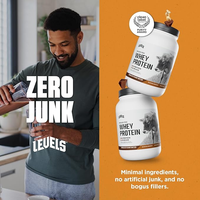 Levels Grass Fed Whey Protein Powder, No Artificials, 24G of Protein, Chocolate Peanut Butter, 2LB