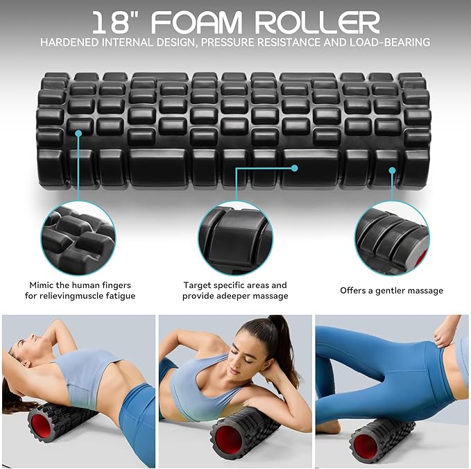 5 in 1 Foam Roller High Density Foam Roller Set for Deep Tissue Muscle Massage, 18" Trigger Point Fitness Exercise Massage Roller, Self-Myofascial Release for Whole Body (Black)