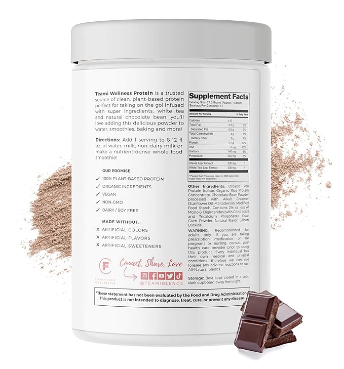 Teami Wellness Vegan Protein Powder - Organic Ingredients (14 Servings, 13.6 Ounce) Smooth Textured Chocolate Plant Based Protein Powder, Low Net Carbs, Non-GMO, Dairy Free, Soy Free, No Sugar Added