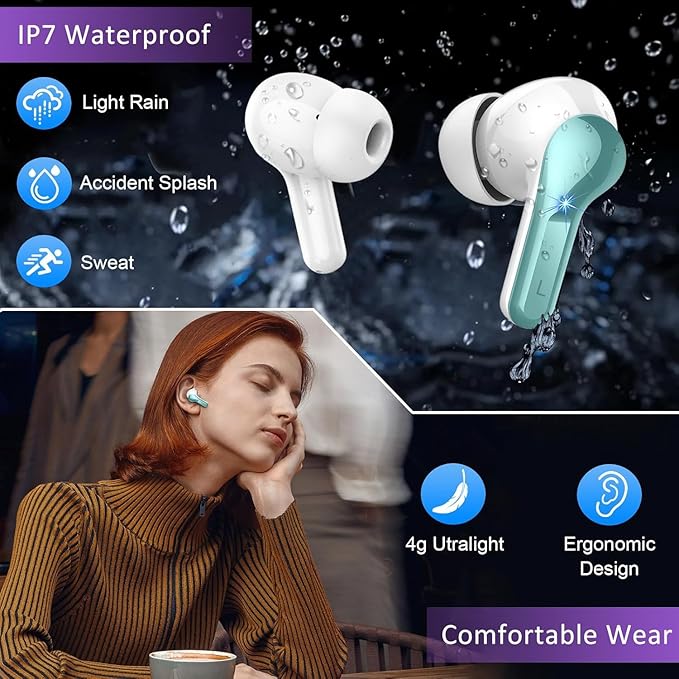 Wireless Earbuds, 2025 Bluetooth Headphones 5.3 HiFi Stereo Ear buds with ENC Noise Cancelling Mics, 40H Bluetooth Earbuds with Dual LED Display Charging Case, IP7 Waterproof Earphones for Android iOS