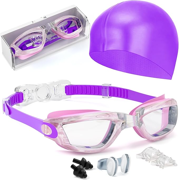 Kids Swim Goggles, Swimming Goggles for Kids Toddlers 3-14 with Swim Cap, Nose Clip, Nose Bridge, Ear Plugs