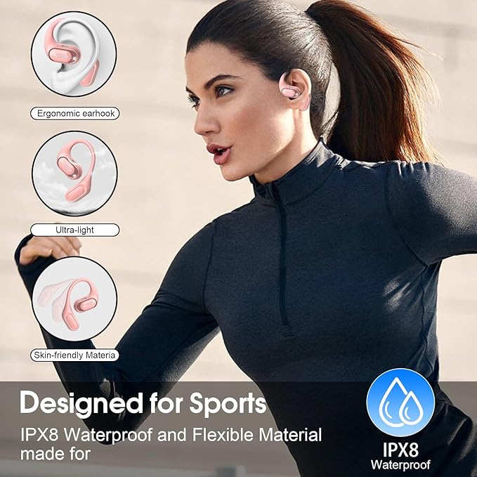Open Ear Headphones, Bluetooth 5.4 Headphones Sports, Premium Sound with HD Mic Wireless Earbuds, 48H Playtime LED Power Display Ear Buds, IPX7 Lightweight Comfort Earphones for Running, Pink