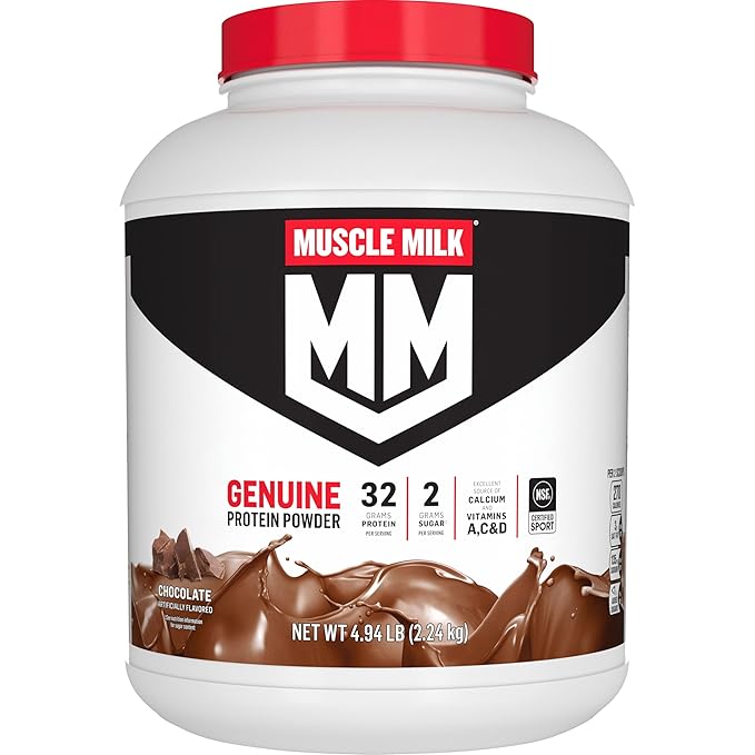 Muscle Milk Genuine Protein Powder, Chocolate, 4.94 Pound, 32 Servings, 32g Protein, 2g Sugar, Calcium, Vitamins A, C & D, NSF Certified for Sport, Energizing Snack, Packaging May Vary
