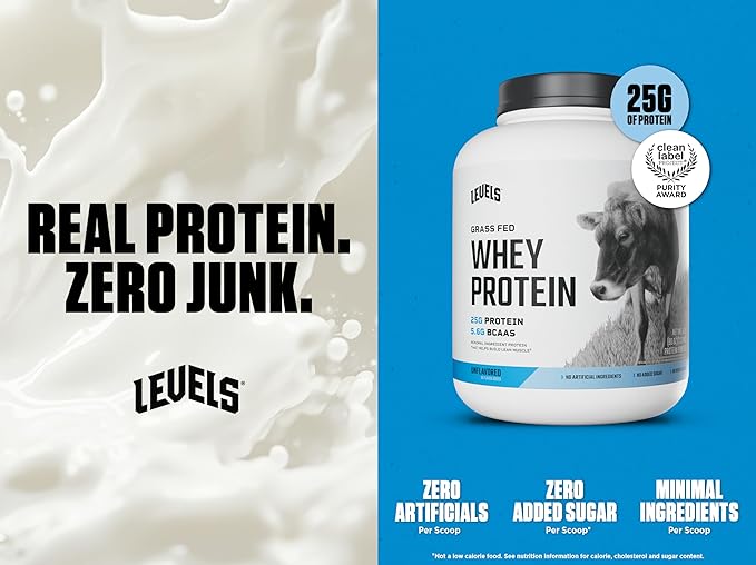 Levels Grass Fed Whey Protein Powder, No Artificials, 25G of Protein, Unflavored, 5LB