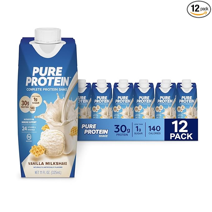 Pure Protein Vanilla Protein Shake, 30g Complete Protein, Vitamins A, C, D, and E plus Zinc to Support Immune Health, Ready to Drink and Keto-Friendly, 11oz Bottles, 12 Pack
