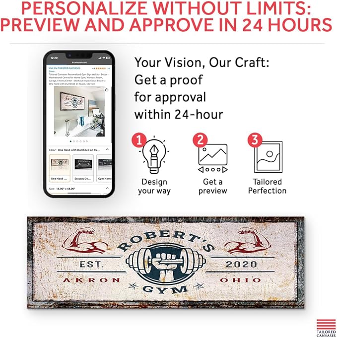 Tailored Canvases Personalized Gym Sign Wall Art Decor - Motivational Canvas for Home Gym, Workout Room, Garage, Fitness Center - Workout Inspirational Posters - One Hand with Dumbbell on Rustic, 36x12in