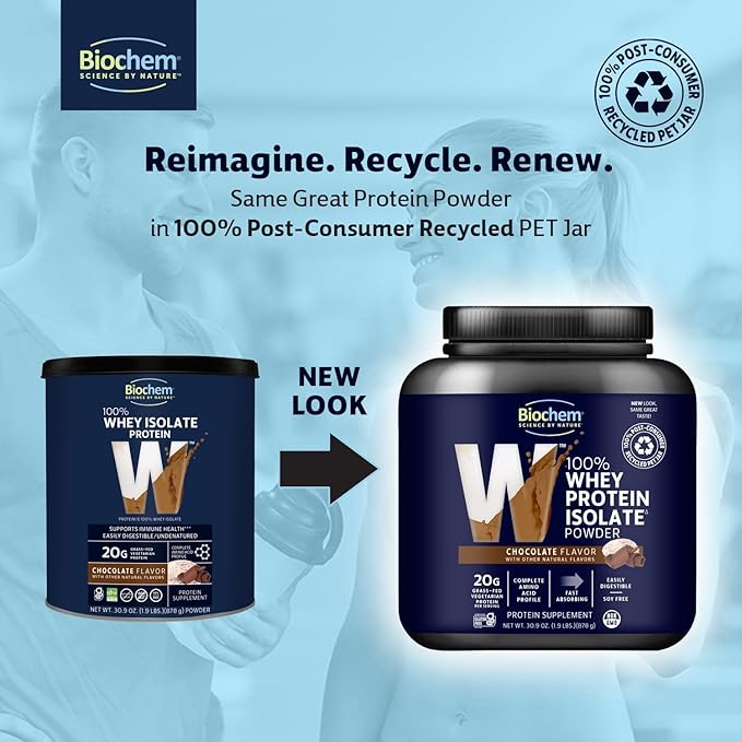 Biochem 100% Whey Isolate Protein Powder, Chocolate Flavor, 20g Grass-Fed Protein, Keto Friendly, Gluten Free, Vegetarian, Easily Digestible, 30.9 oz, 28 Servings