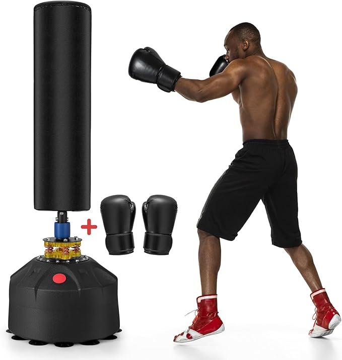 GYMAX Punching Bag, 68” Freestanding Boxing Bags with Gloves & Suction Cup Base, 220lbs Filled Punching Bag Stand for Adults, Kickboxing Bag for MMA Muay Thai Fitness
