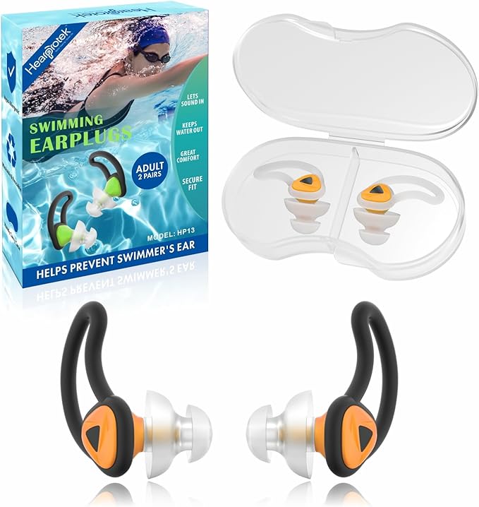 Hearprotek Ear Plugs for Swimming, [2 Pairs] Swim Ear Plugs Adults-Waterproof Silicone Water earplugs for Men Women Juniors Swimmers Pool Shower Bathing (Orange)