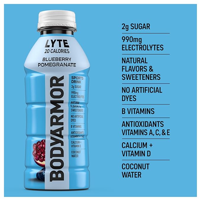 BODYARMOR LYTE Sports Drink Low-Calorie Sports Beverage, Blueberry Pomegranate, Coconut Water Hydration, Natural Flavors With Vitamins, Potassium-Packed Electrolytes, Perfect For Athletes, 16 Fl Oz (Pack of 12)