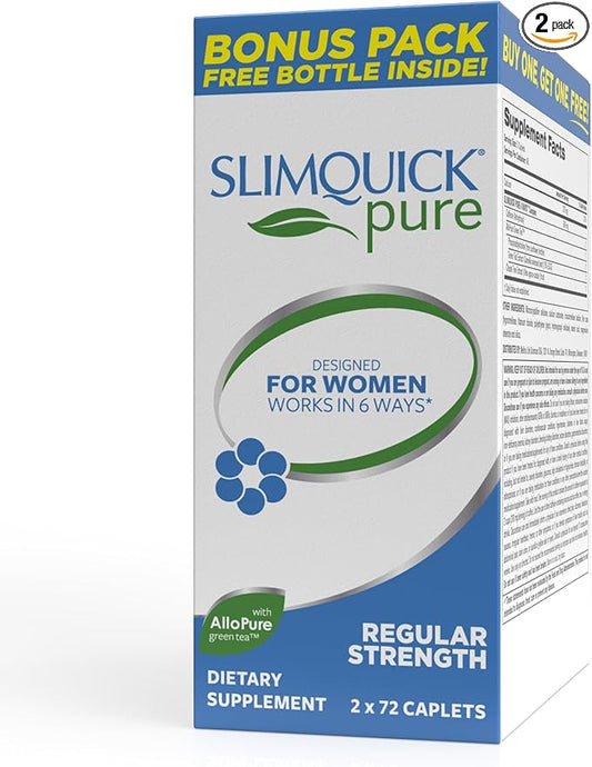 Slimquick Pure 3x Regular Strength Pills for Women to Help Achieve Weight Goals, Helps Metabolism, Lose Excess Water, Keeps Full for Longer with AlloPure Green Tea, Caffine, Caste Tree - 2x72 Capsules