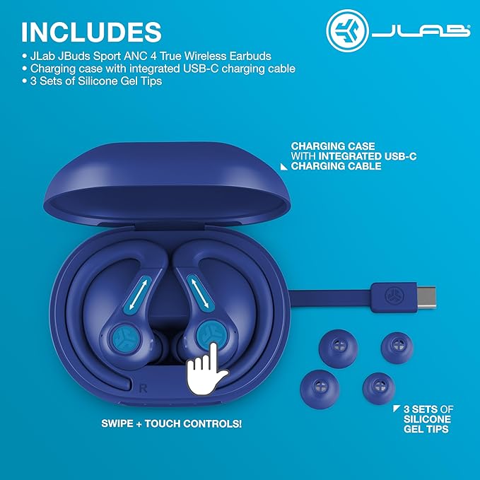 JLab JBuds Sport ANC 4 True Wireless Bluetooth Earbuds + Charging Case, Cobalt Blue, Swipe + Touch Controls, Hybrid Active Noise Cancelation, Multipoint Connect, Customized Settings App