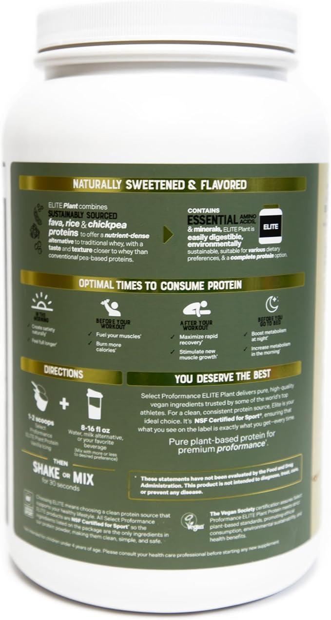 Select Proformance Elite Vegan Plant Protein Powder, Vanilla Icing, NSF Certified, No Added Sugar, 15g of Protein per Serving, 40 Servings, 2 Lbs