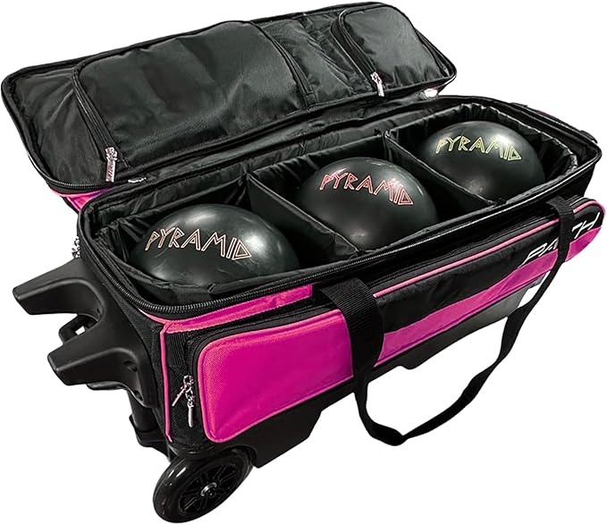 Pyramid Path Triple Premium Deluxe Roller Bowling Bag With Extra Large Separate Shoe Compartment (Up To US Mens Size 16) and 5 Accessory Pockets, 5" Wheels, Retractable Locking Handle - Extends to 42"