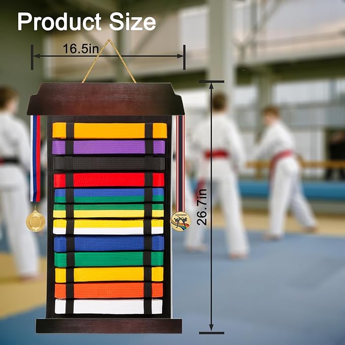 Karate Belt Display Rack - Holds Up to 12 Belts, Taekwondo & BJJ Belt Display Holder for Martial Arts, No Assembly Required, Martial Arts Belt Display for Teenagers & Adults