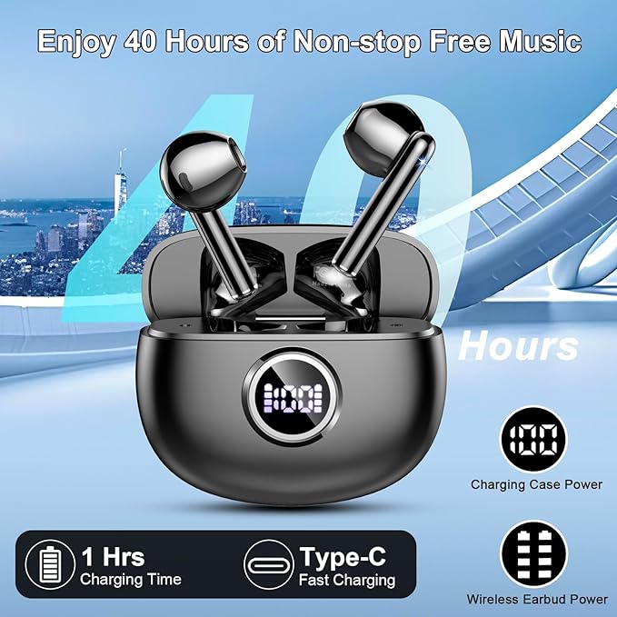 Wireless Earbuds, 2025 Bluetooth 5.3 Headphones HiFi Stereo Ear buds with ENC Noise Cancelling Mics, 40H Bluetooth Earbuds with Dual LED Display, IP7 Waterproof in Ear Earphones for Android iOS, Black