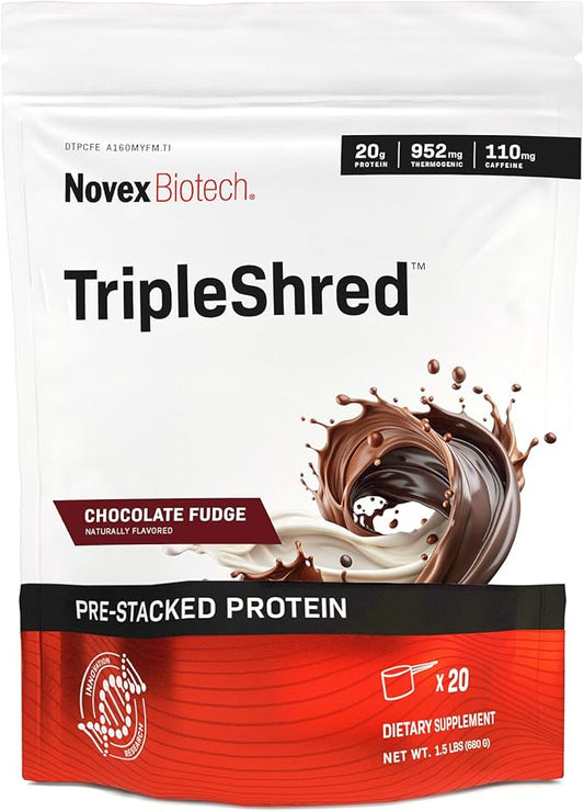 Novex Biotech TripleShred Protein - Pre-Stacked Protein - Increase Energy and Focus - Build Muscle - Chocolate Fudge, 20 svgs