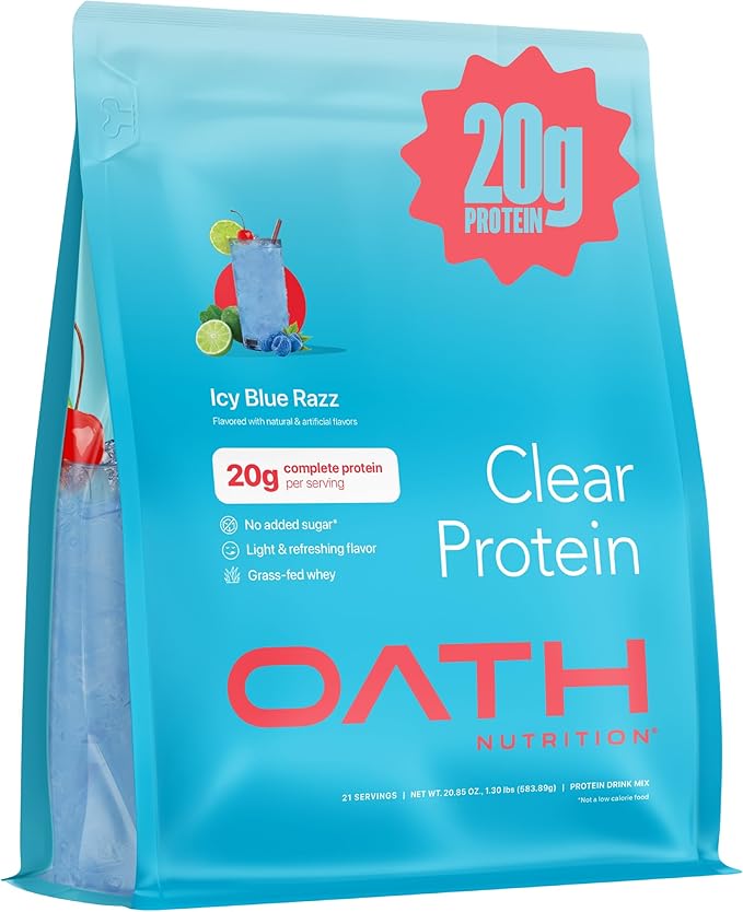 Clear Whey Isolate Protein Powder, ICY Blue Razz, 20g Complete Protein per Serving, No Added Sugar, Grass-Fed, 21 Servings