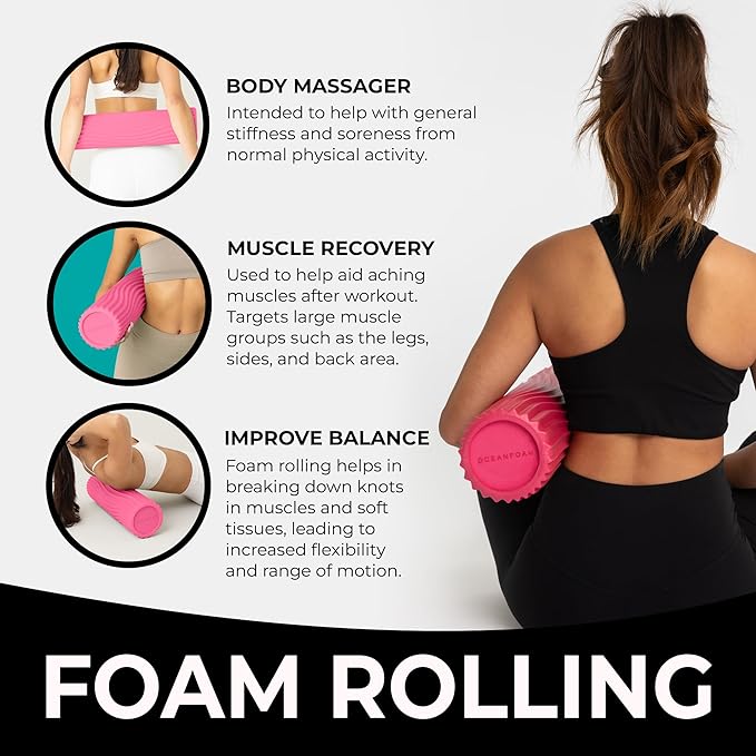 Oceanfoam Tidal Roller - Hot Pink - Muscle Massage Foam Roller for Back Pain & Stretching - Firm and Ergonomic Wide Wave Textured - Yoga, Athletics, & Wellness - Full Size, 20" x 5"