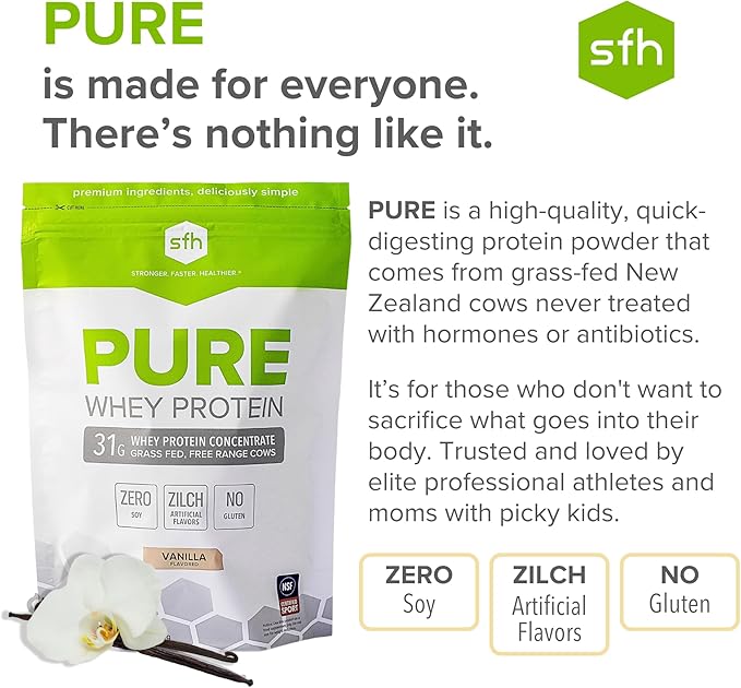 SFH Pure Whey Protein Powder (Vanilla) Best Tastin Grass Fed Whey | All Natural | Non-GMO, No Artificials, Soy Free, Gluten Free | (Vanilla, 31.9 Ounce (Pack of 1)