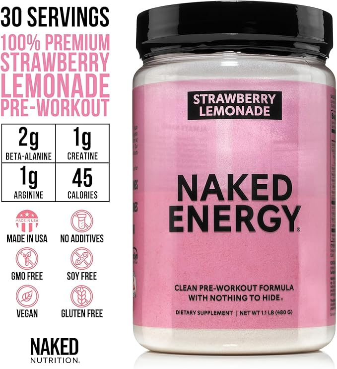 NAKED Strawberry Lemonade Energy - Clean Pre Workout Supplement for Men and Women, Vegan Friendly, No Added Sweeteners, Colors Or Flavors - 30 Servings