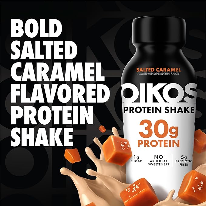 Oikos Protein Shake, Salted Caramel, 30g High Protein Drinks, Shelf Stable, Ready to Drink, 5g Prebiotic Fiber, 12 fl oz Bottle, 12 Count