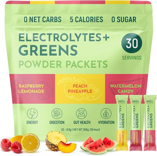 Keto Vitals Keto Electrolytes Plus Greens Superfood Powder Packets - 30 Servings Sugar Free Electrolytes Supplement for Hydration, Energy, Gut Health & Digestion - Super Greens Powder for Hydration