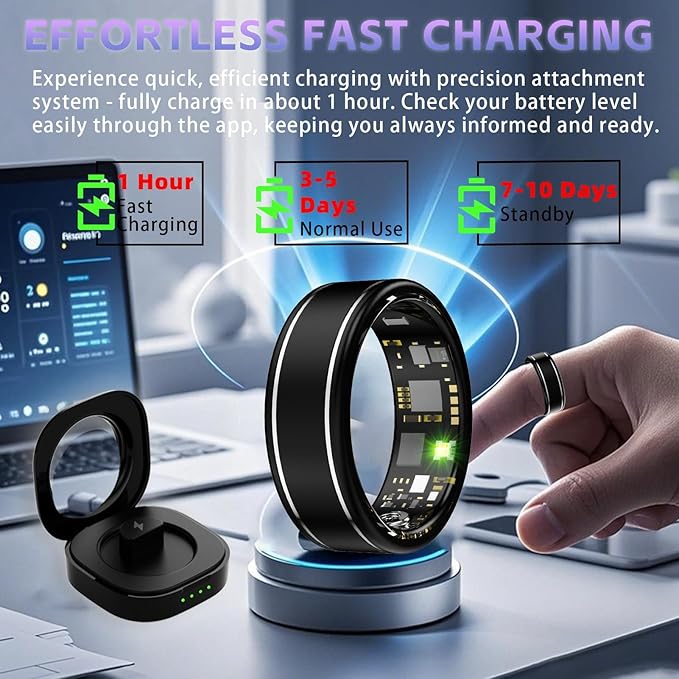 Activity Tracker Ring for Men – Smart Ring with Heart Rate, SpO2, Blood Pressure, Sleep Monitoring, Step & Calorie Counter, 5ATM Waterproof, No Subscription Fee (Black 7)