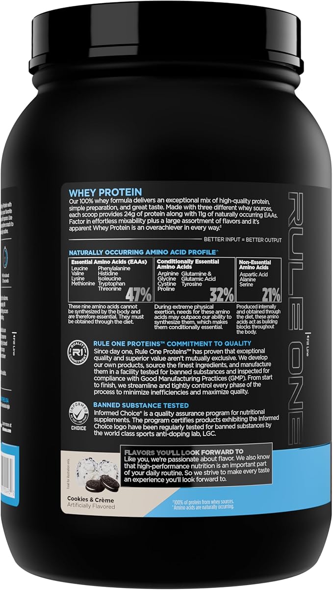 Rule 1 Whey Protein – 24g Fast-Acting Protein from All-Whey Sources with Naturally Occurring EAAs & BCAAs for Workout Recovery or Anytime Use (2 Pounds*, Cookies & Creme)