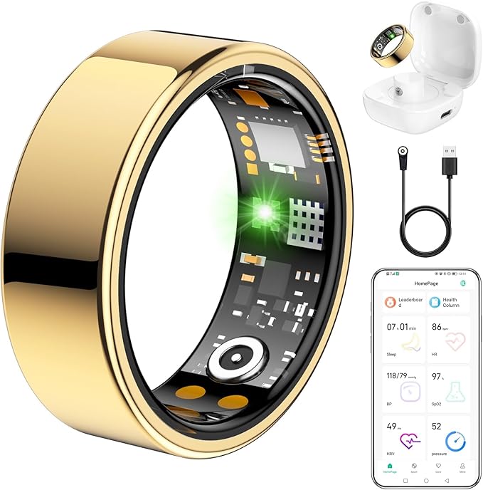 Ring Health Tracker for Women Men, Fit Ring with Heart Rate, Blood Oxygen, Sleep Monitor, Calories, Step Counter, IP68 Waterproof Smart Ring for iPhone & Android, No Subscription Fee (Gold, 12#)