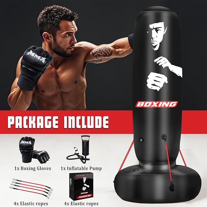 Punching Bag for Adults, 71" Boxing Bag with Stand and Fixed Rope,Free Standing Freestanding Punch Bag with Gloves and Pump, Inflatable Heavy Boxing Bag Set for Adults Teens Men Youth at Home Outdoor