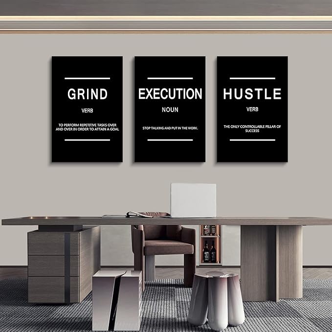 Framed Canvas Wall Art Success Quote, Office Wall Art, Black Large Poster, Positive Motivational Set of 3 Prints, Execute Failure Definition, Inspirational Print (B-3pcs,16x24inchx3pcs)