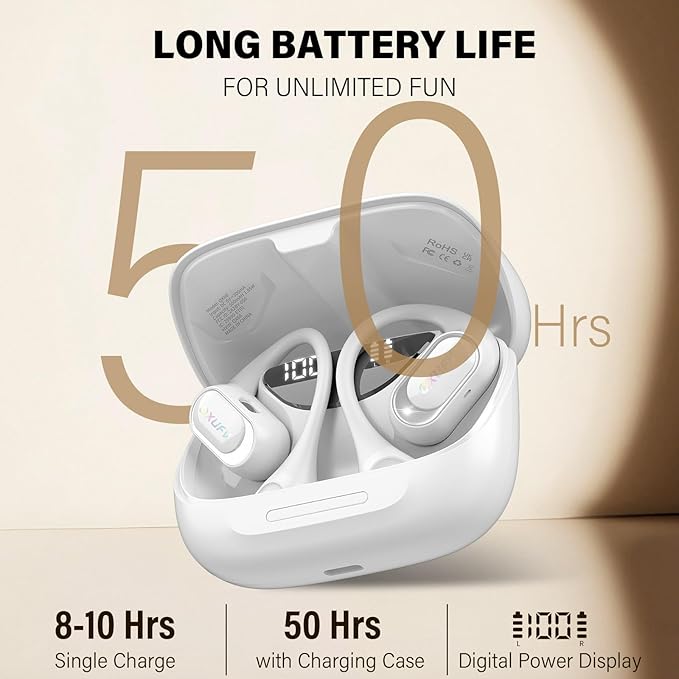 Open Ear Headphones, Bluetooth 5.4 Headphones Sports, Premium Sound with HD Mic Wireless Earbuds, 48H Playtime LED Power Display Ear Buds, IPX7 Lightweight Comfort Earphones for Running, White