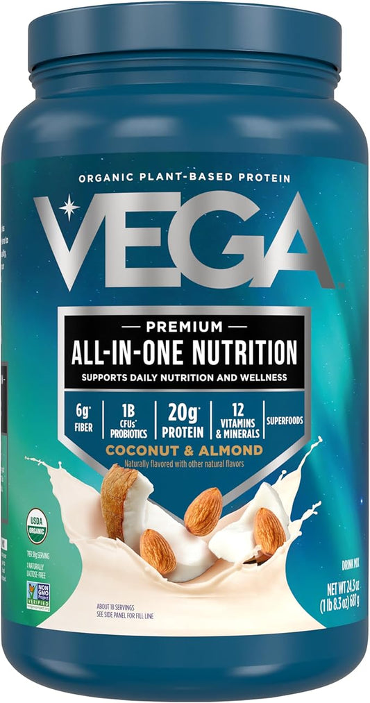 Vega All in One Nutrition Organic - 20g Plant-Based Pea Protein, Coconut Almond, 18 Servings, Vitamins A & C, Probiotics, Greens, Vegan, Keto, Gluten Free, 24.3oz (Packaging May Vary)
