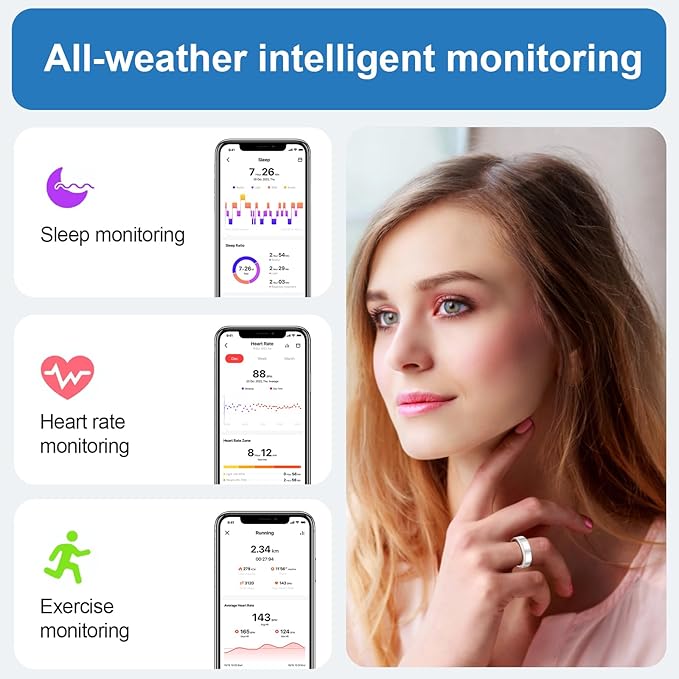 Health Tracker Smart Ring for Men Women-IP68 Waterproof Sleep Tracker with Heart Rate/Blood Pressure/Blood/Physiological Cycle/Oxygen Tracking, Step Counter, iOS & Android Compatible (8#)