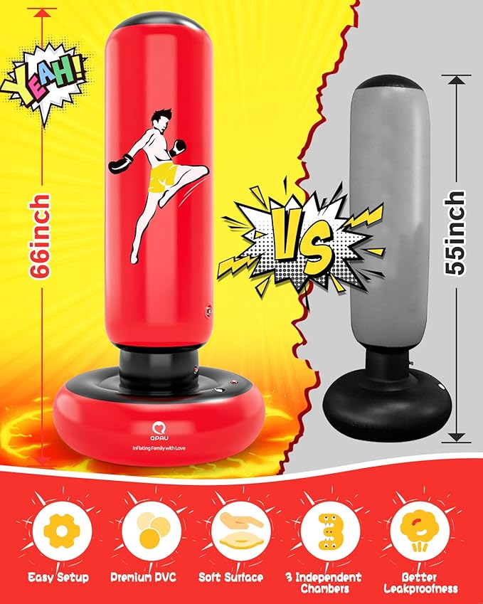 QPAU Kids Punching Bag Toy with Boxing Gloves, 66 Inch Larger Stable Kids Inflatable Boxing Bag Set, Gifts for Boys & Girls Age 6-12, for Practicing Karate, Taekwondo, MMA