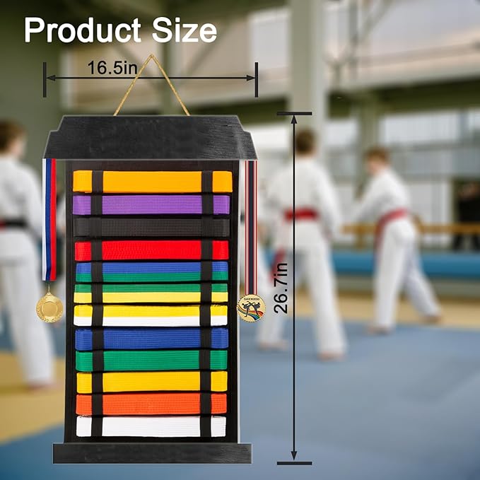 Karate Belt Display Rack - Holds Up to 12 Belts, Taekwondo & BJJ Belt Display Holder for Martial Arts, No Assembly Required, Martial Arts Belt Display for Teenagers & Adults