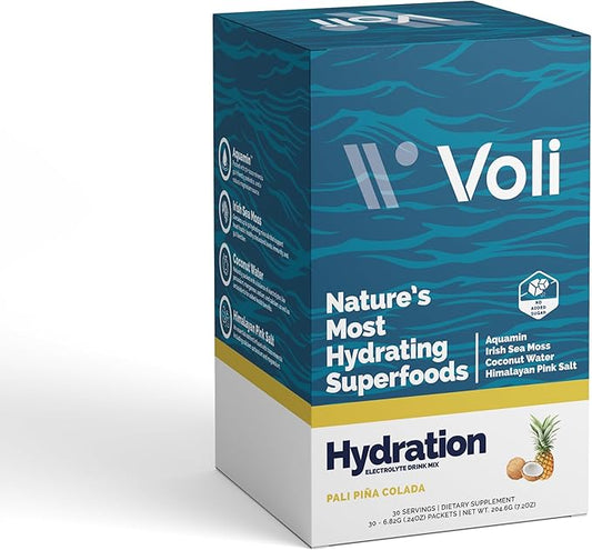 Voli Electrolytes Powder Packets | No Added Sugar Electrolyte Drink Mix for Hydration | Keto & Fasting Friendly, Natural Superfoods & Minerals | Pina Colada, 30-Count