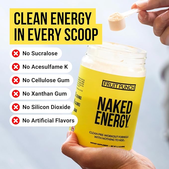 NAKED Fruit Punch Energy - Clean Pre Workout Supplement for Men and Women, Vegan Friendly, No Added Sweeteners, Colors Or Flavors - 30 Servings