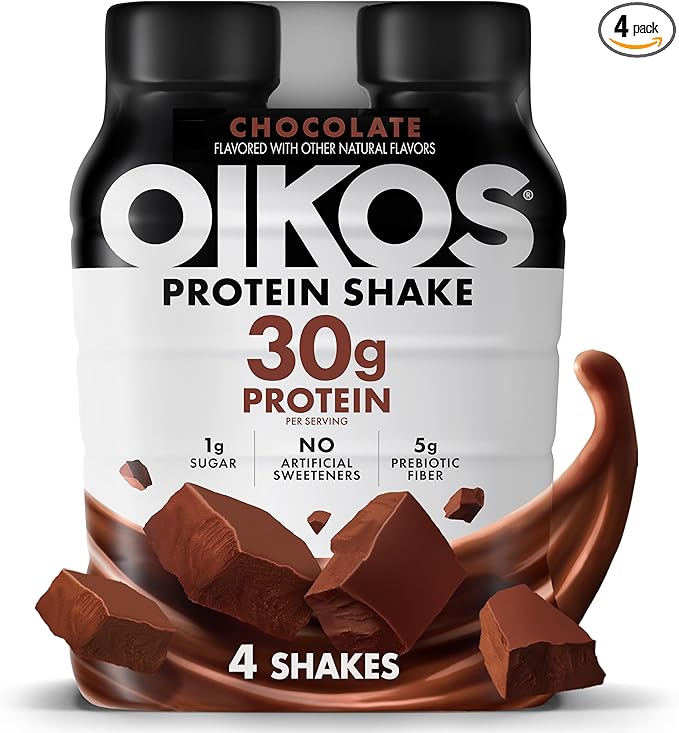 Oikos Protein Shake, Chocolate, 30g High Protein Drinks, Shelf Stable, Ready to Drink, 5g Prebiotic Fiber, 12 fl oz Bottle, 4 Count