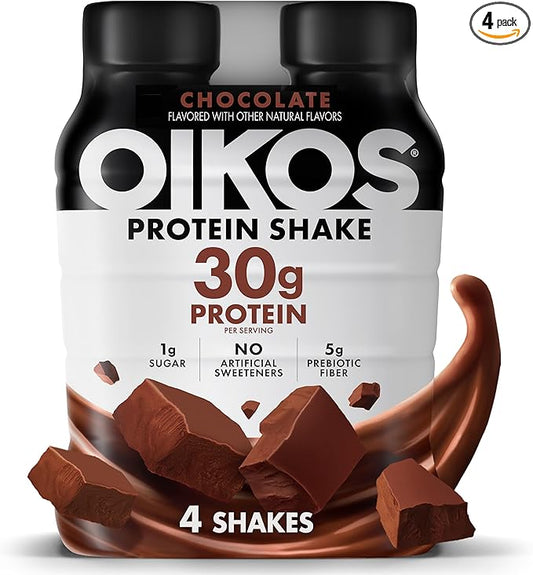 Oikos Protein Shake, Chocolate, 30g High Protein Drinks, Shelf Stable, Ready to Drink, 5g Prebiotic Fiber, 12 fl oz Bottle, 4 Count