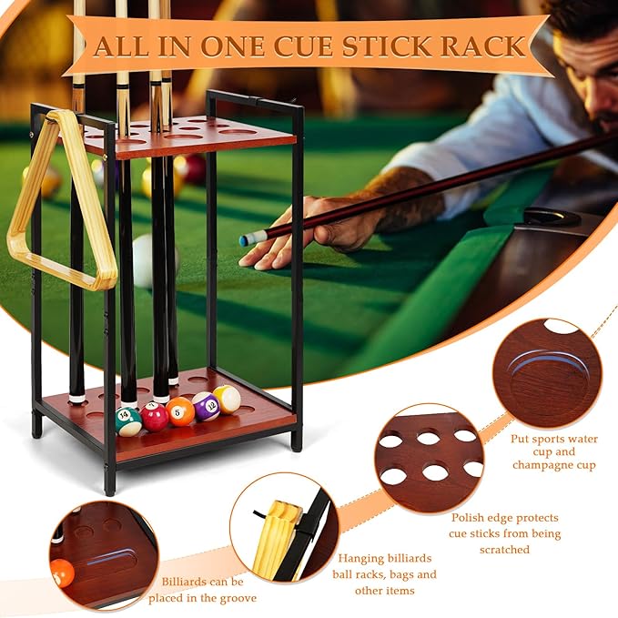 Pool Stick Holder Floor Stand - Multifunctional Billiard Cue Rack Hold 10 Pool Cue, Billiard Balls, Cup, Wood Cue Stick Holder Stand Pool Table Accessories for Game Room Billiard Room Decor Club (Red)