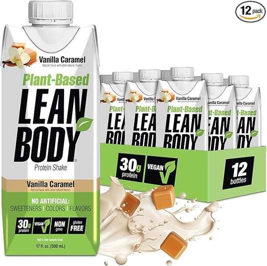 Lean Body Ready-to-Drink, Plant-Based Vegan Vanilla Caramel Protein Shake, 30g Protein, No Artificial Flavors, Sweeteners or Colors, Non GMO, Gluten Free, Premium Pea & Rice Blend (Pack of 12)