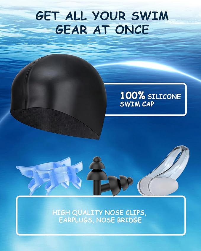 Kids Swim Goggles, Swimming Goggles for Kids Toddlers 3-14 with Swim Cap, Nose Clip, Nose Bridge, Ear Plugs