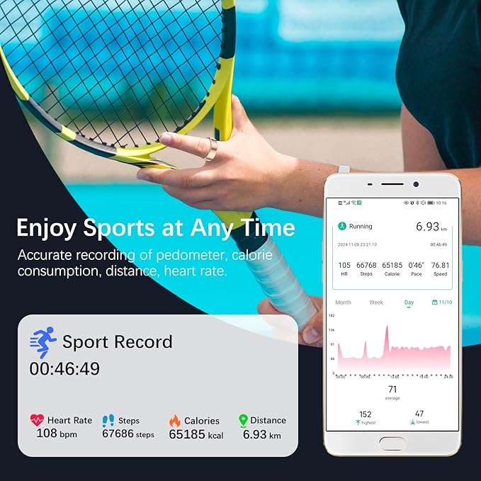 Smart Health Rings for Women Men, Fitness Tracker with Heart Rate, Blood Oxygen, HRV, Sleep Tracker, Step Tracker, No Subscription Fee, IP68 Waterproof Smart Ring for iphone & Android (Gold 11#)