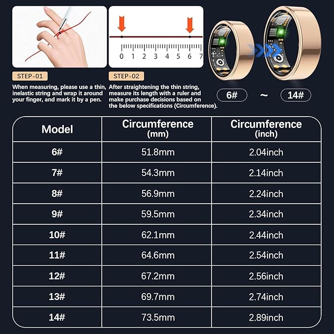 Ring Health Tracker for Women Men, Fit Ring with Heart Rate, Blood Oxygen, Sleep Monitor, Calories, Step Counter, IP68 Waterproof Smart Ring for iPhone & Android, No Subscription Fee (Rose Gold 13#)