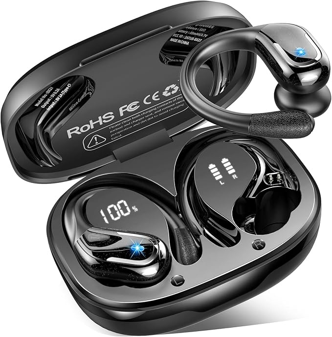 Wireless Earbuds, Sport Bluetooth 5.4 Headphones 2025 New Bluetooth Earbuds with 75Hrs Stereo, 4 ENC Mic, Noise Canceling Over-Ear Buds with Earhooks, IP7 Waterproof Earphones for Workout/Running/Gym
