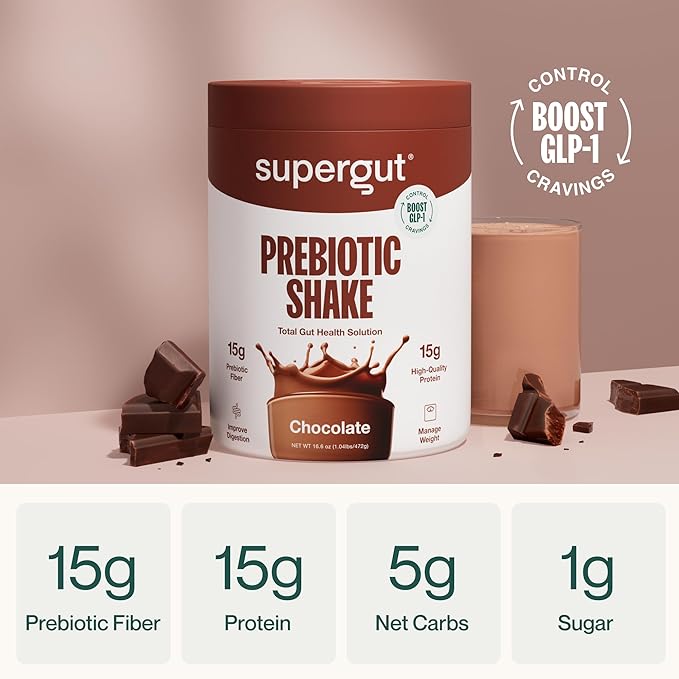 Supergut GLP-1 Boosting Prebiotic Shakes, Chocolate – Gut Healthy Meal Replacement with 15g Fiber, 15g Protein & 5g Net Carbs - Keto Friendly - 8 Servings